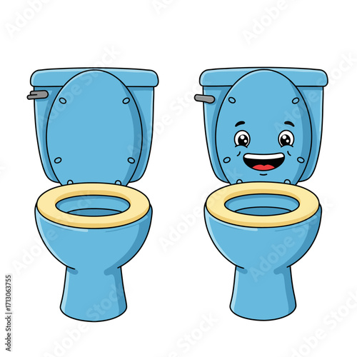 Cute cartoon blue toilets with happy faces for children's bathroom decor and education isolated on white background Vector Illustration