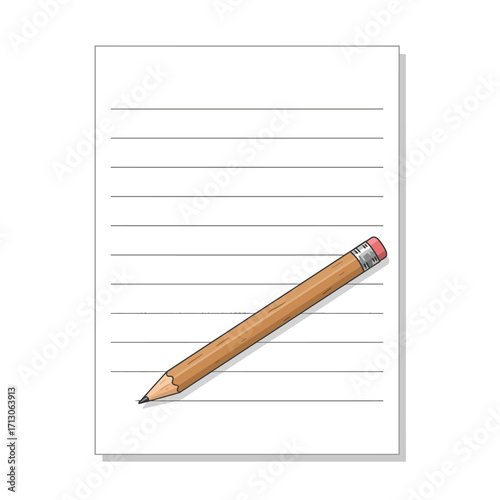 Classic wooden pencil lying across lined paper ready for writing and creativity isolated on white background Vector Illustration