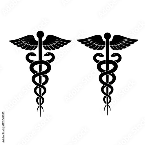 Dual caduceus medical symbols wings and serpent design for healthcare and medicine themes isolated on white background Vector Illustration