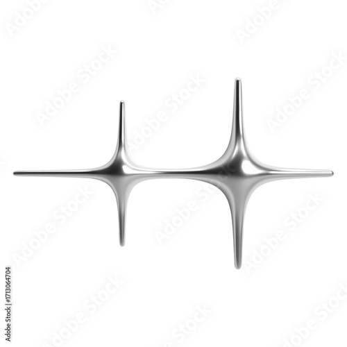 3D chrome metallic Y2K twin stars with glossy silver surface