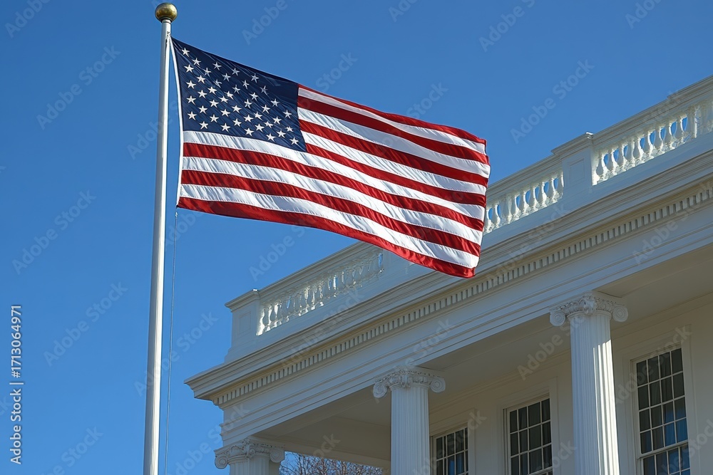 Fototapeta premium US flag flying against the backdrop of the White House in a minimalist style