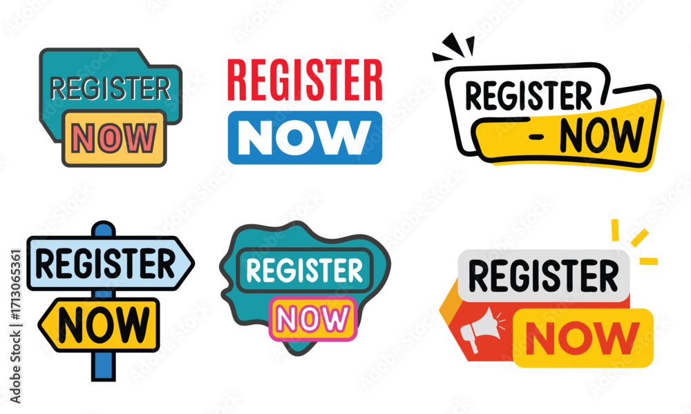 Obraz premium Collection of six distinct graphic design elements featuring the words register now in various modern styles and vibrant color palettes for promotional use