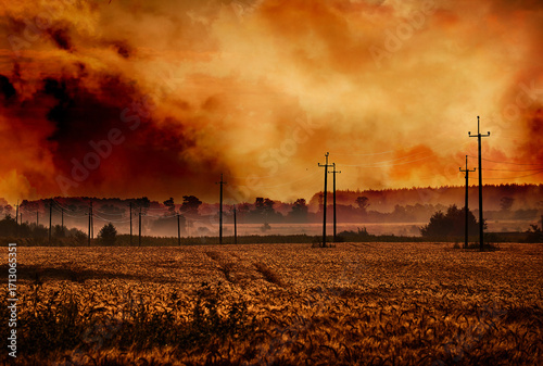 Wildfire in wheat field with smoke and power lines. Burning landscape with dramatic sky, danger, and environmental impact of rural fire disaster