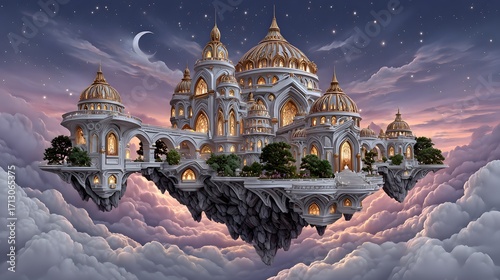 Enchanted golden palace floating over dreamy cloud landscape high resolution background image