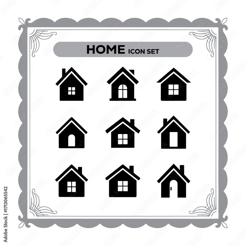 Fototapeta premium Black and White Home Icon Set with Ornate Border Design Featuring Simple Home Illustrations