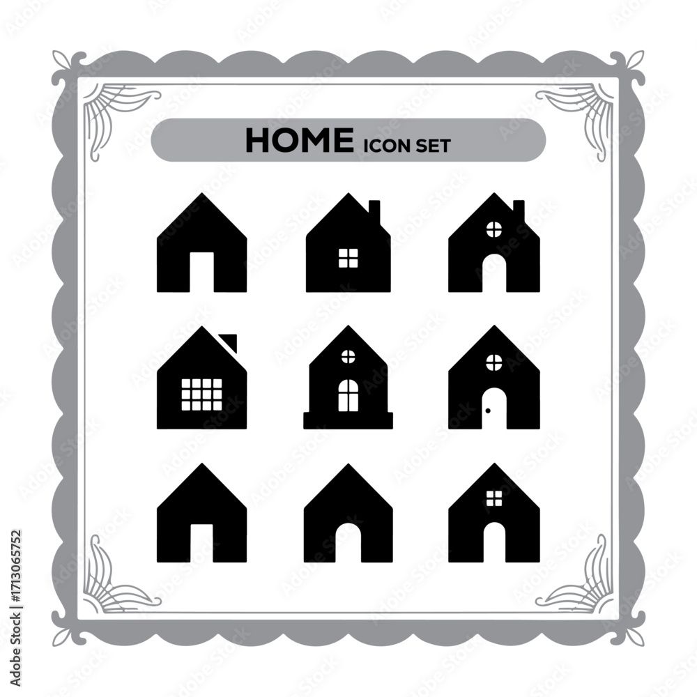 Fototapeta premium Home Icon Set in Decorative Frame Illustrating Real Estate and Property Concepts