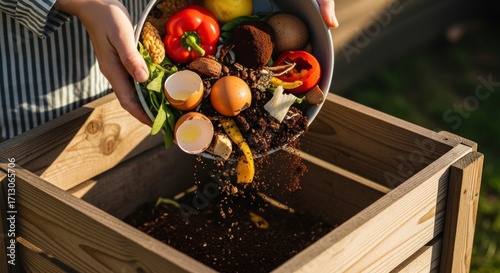 Sustainable Action - Tipping a Bowl of Colorful Kitchen Scraps into a Wooden Garden Compost Bin.