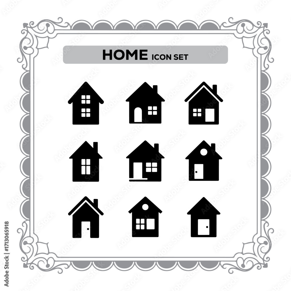 Fototapeta premium Home Icon Set in Decorative Frame Illustrating Real Estate and Property Concepts