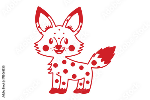 Red spotted cartoon fox smiles cheerfully with vibrant color and cute expression