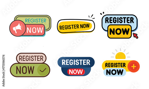 Collection of six vibrant and modern registration call to action buttons and badges with diverse styles and color schemes for online forms and websites
