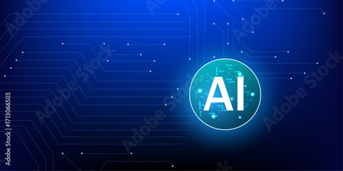 Artificial Intelligence Processor with Glowing Blue Neon Circle with blue circuit background