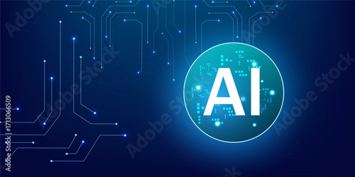 Artificial Intelligence Processor with Glowing Blue Neon Circle with blue circuit background