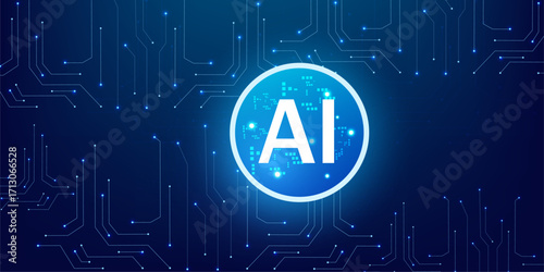 Artificial Intelligence Processor with Glowing Blue Neon Circle with blue circuit background