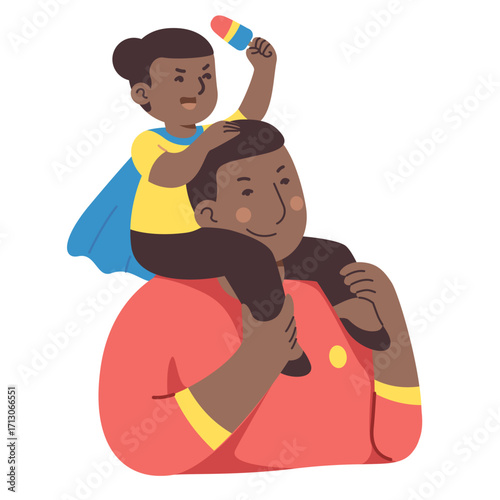 Illustration of a father carrying his child on his shoulders, the child holding a popsicle.