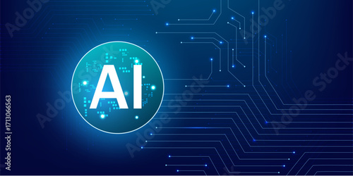 Artificial Intelligence Processor with Glowing Blue Neon Circle with blue circuit background