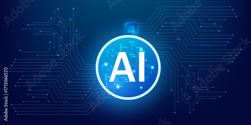 Innovation Concept of AI Processor with Lightning Neon Circle Portal and Abstract HUD blue Circuit background