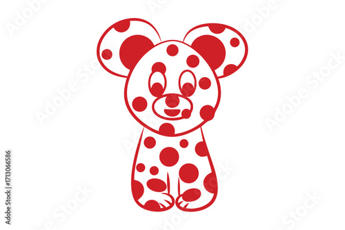 Red spotted character stands cheerfully against the plain white backdrop, exuding a playful vibe
