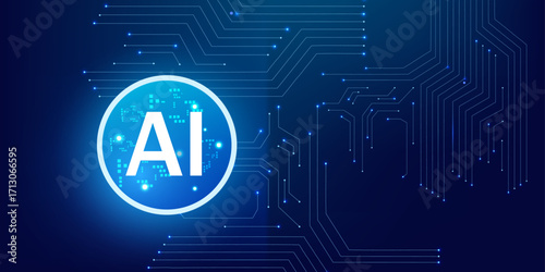 Innovation Concept of AI Processor with Lightning Neon Circle Portal and Abstract HUD blue Circuit background