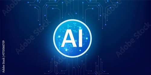 Artificial Intelligence Quantum Processor in Glowing Neon Tech Circle with Futuristic HUD Circuit Background