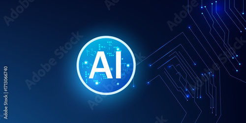 Artificial Intelligence Quantum Processor in Glowing Neon Tech Circle with Futuristic HUD Circuit Background
