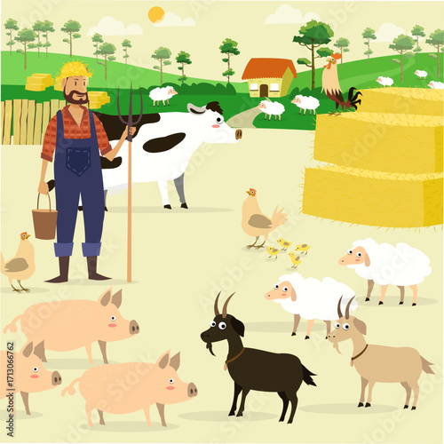 Farming background with farmer, cattle, and poultry icons colorful cartoon