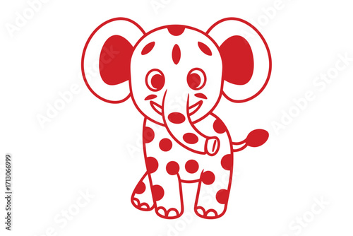 Red spotted elephant showcases playful cartoon outlines on a clean, white background