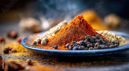 Fototapeta Naklejka Na Ścianę i Meble -  Aromatic spice blend on blue plate, steaming