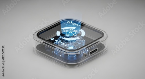 Luminous Blue Hologram Projected from a Sleek, Transparent Smart Device.
