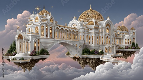 Magical floating palace with golden domes and bridges high resolution image