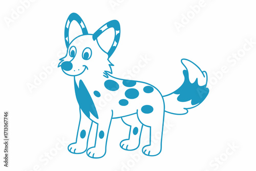 Smiling blue cartoon spotted dog stands happily looking forward on a clean white backdrop