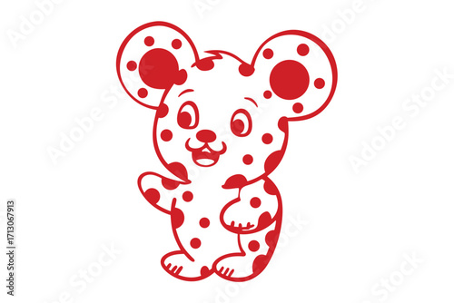 Smiling cartoon bear with red spots stands waving cheerfully on a white background