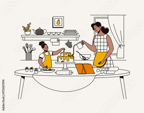 Mother and daughter decorating a cake together in the kitchen.