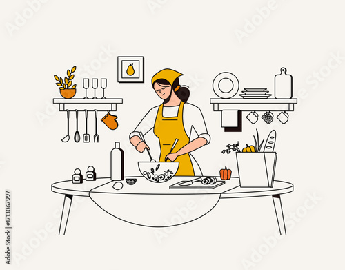 Illustration of a woman preparing a salad in a kitchen setting.