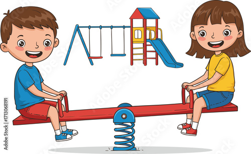 Boy and girl playing on seesaw at playground, children laughing together, cartoon illustration for outdoor fun, friendship, and childhood joy