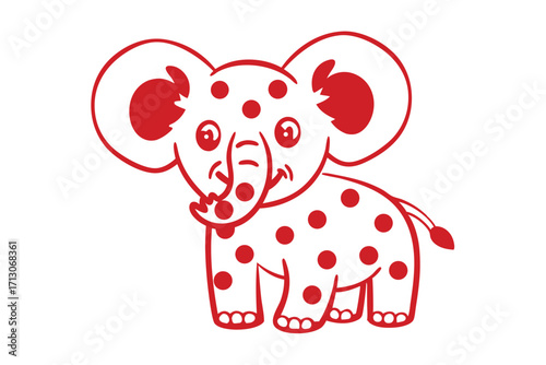 Smiling cartoon elephant with red spots standing on a white background in outline