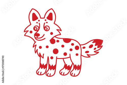Smiling dingo with red outline and spots stands calmly on a white backdrop