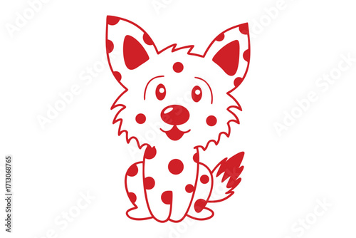 Smiling red dog outline displays polka dots and furry ears against a white backdrop