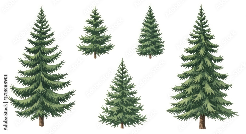 Obraz premium Lush Green Fir and Spruce Tree Collection, Realistic Botanical Illustrations.