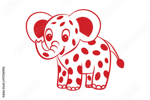 Smiling spotted elephant raising its trunk with happiness in red on a white background