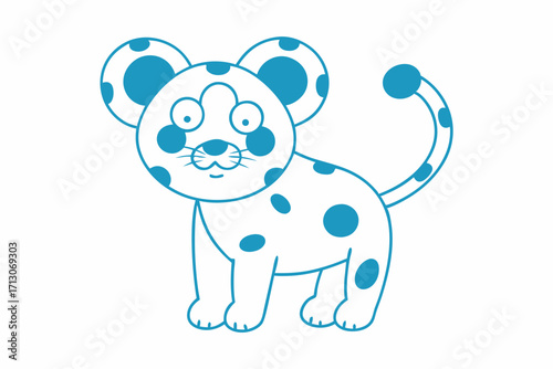 Spotted blue cartoon animal with big round eyes stares forward on a white background