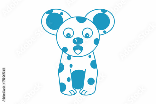 Spotted blue cartoon bear with surprised expression stands upright in front of a white backdrop