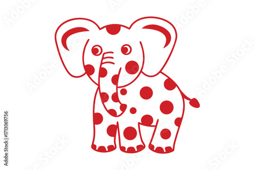 Spotted red elephant with outlined figure standing calmly against a white background