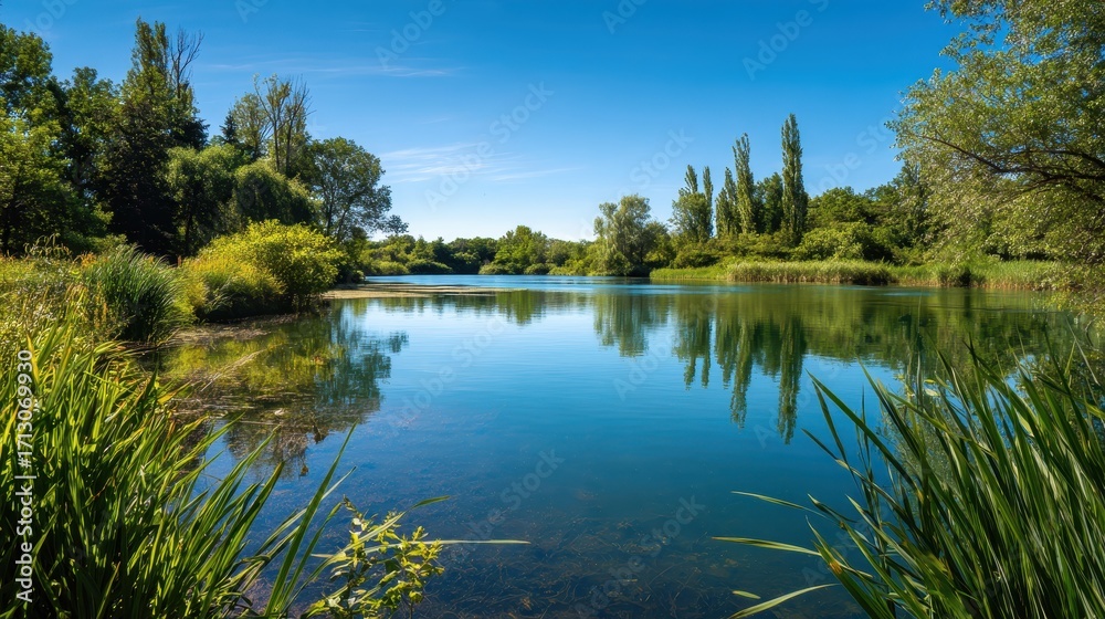 Obraz premium Serene Lake Reflecting Lush Greenery Under a Brilliant Blue Sky.