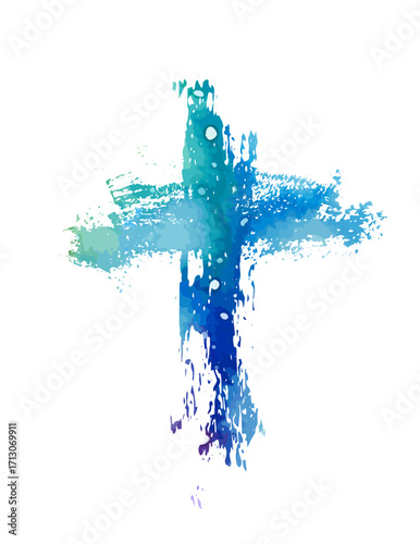 Christian cross vector. blue blotted cross. hand drawn. Not AI, Vector