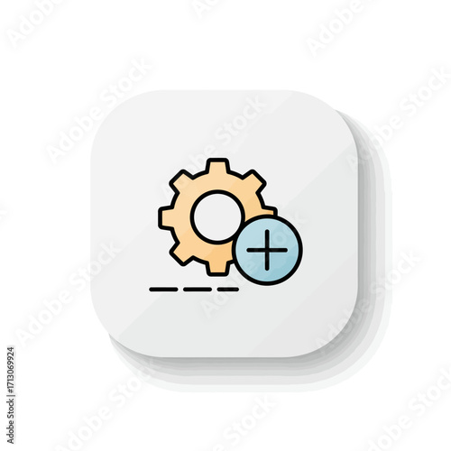 Modern and clean interface vektor symbol depicting a settings cogwheel with a plus sign, perfect as an icon for adding new configurations, options, or system adjustments in digital applications