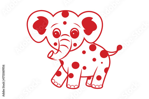 Spotted red elephant outlines with curved trunk walking forward towards the viewer beautifully illustrated