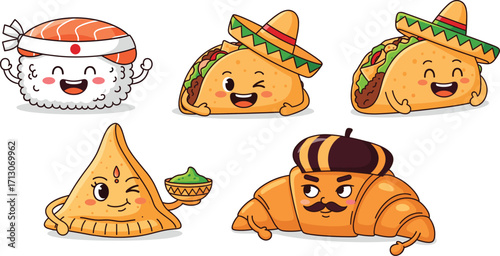 Cartoon Food Characters Representing Global Cuisines – Sushi, Taco, Samosa, Croissant – Fun Cultural Illustration for Kids and Education