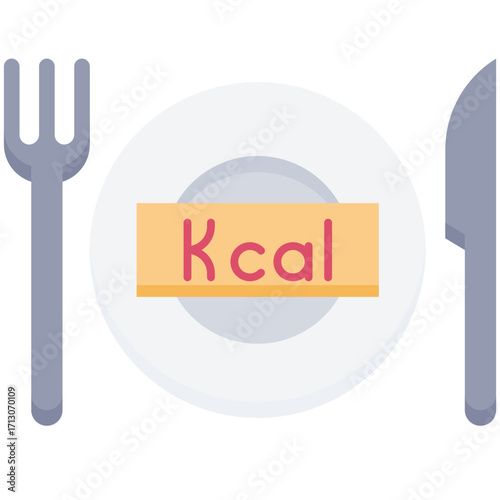 Illustration of a plate with the word Kcal on it, with a fork and knife.