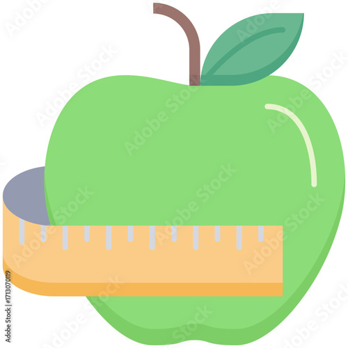 Green apple with measuring tape wrapped around it, symbolizing diet and health.