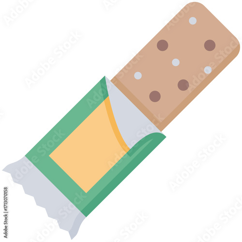 Opened granola bar with green wrapper and beige filling.